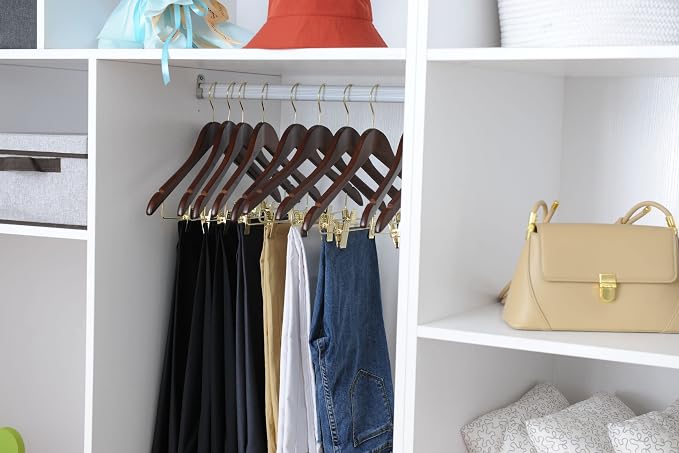 Quality Hangers Quality Wooden Skirt Hangers with Clips 80-Pack Walnut Pants Adjustable Gold Metal Clips, Swivel Hook, Coat, Jacket, Blouse Suit (Walnut - 80) 17.5'' inch - Image 4
