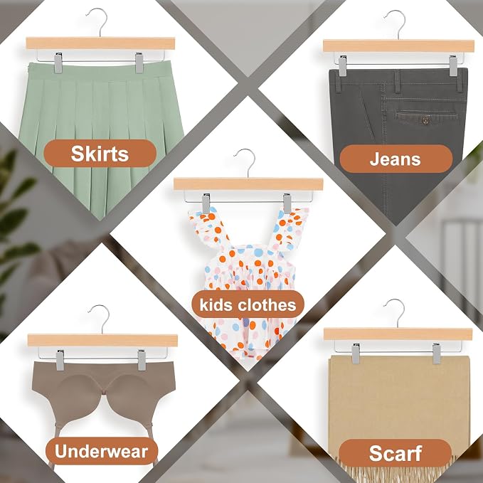 TOPIA HANGER Lotus Wood Pants Hangers, Unfinished Wooden Skirt Short Jeans Trouser Hanger with 360° Swivel Hook Anti Rust 2 Adjustable Clips, 20 Pack, CT10PN20 - Image 3