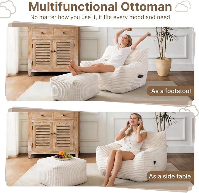 Oversized Bean Bag Chair with Ottoman, Bean Bag Couch with 2 Side Pockets, Corduroy Boneless Couch Chair in a Box, Comfy Lounge Chair for Living Room, Bedroom, Dorm, White - Image 4