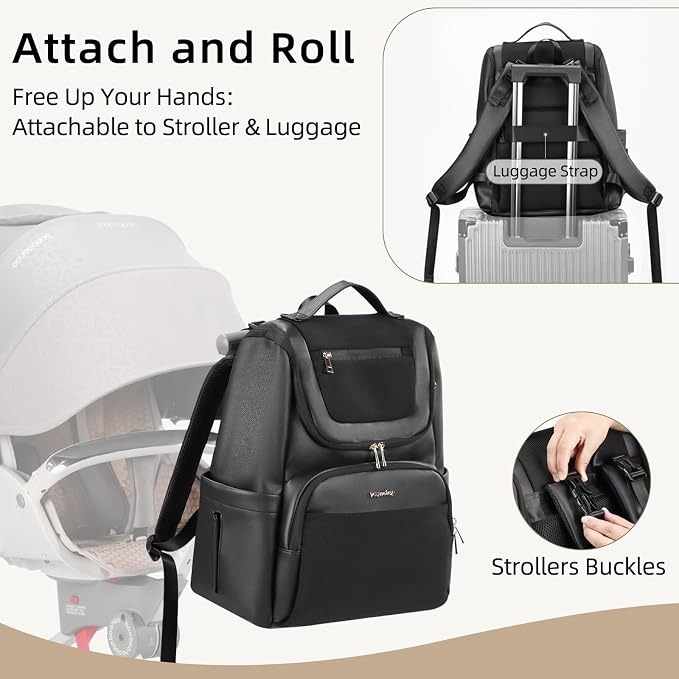 Large Leather Diaper Bag Backpack, Baby Travel Bag with Changing Pad, Insulated Pockets, Stroller Straps and Pacifier Case, Water-Resistant Diaper Bag for Mom and Dad, Black - Image 5