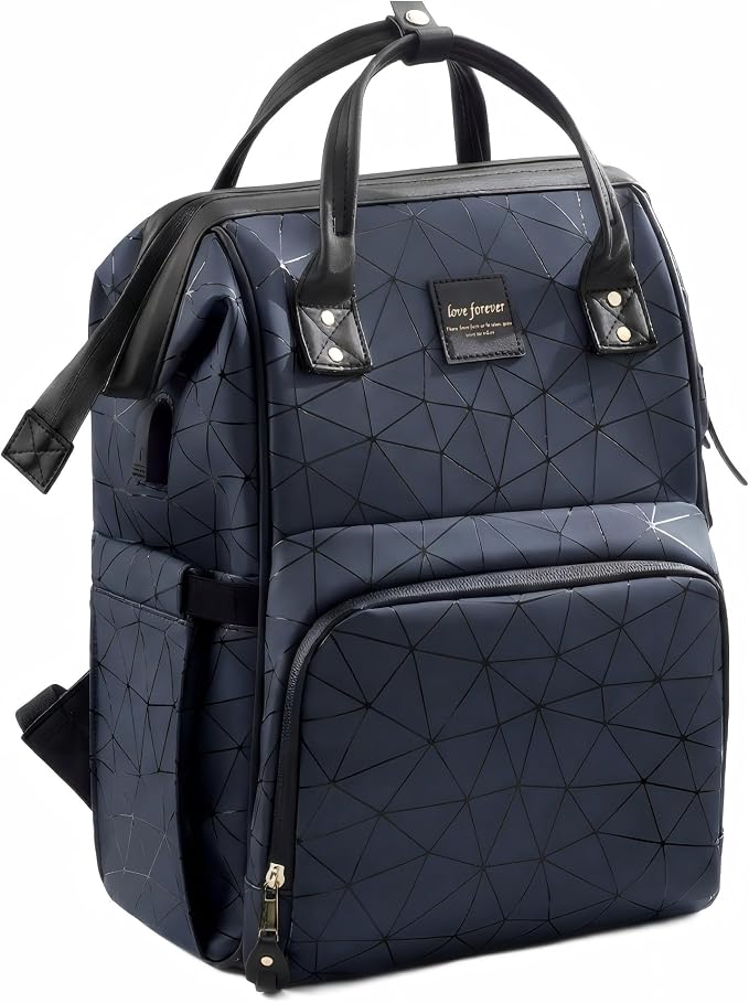 Diaper Bag Backpack, Unisex PU Leather, Very Dark Navy Blue, 16 Pockets, Insulated 3-Bottle Front, Removable Divider, Rear Zip Access, Wipes Dispenser, Stroller Straps, Luggage Sleeve by Unknown