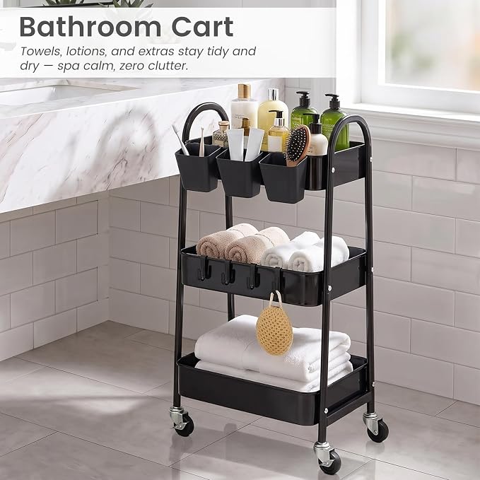 danpinera 3-Tier Rolling Cart, Utility Cart Mobile Metal Rolling Storage Cart with Lockable Wheels & Hanging Cups & Hooks for Kitchen, Bathroom, Office, Workshop, Black - Image 8