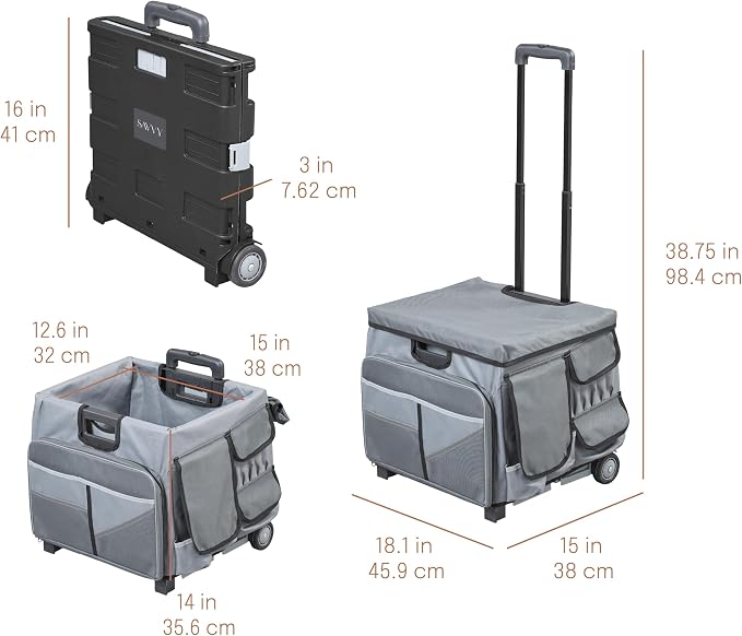Folding Mobile Utility Cart, Canvas Organizer Bag, Dark Grey/Grey | Durable plastic, 30 compartments, adjustable handle, 40 lb capacity, collapses to 3" thick, rolling wheels for easy transport - Image 2