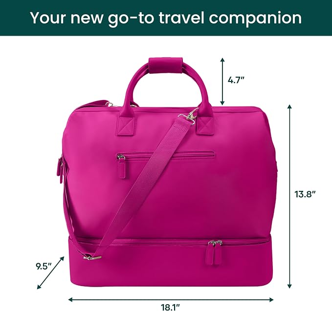 Nobl Travel Weekender Bag for Women & Men, Large Carry-On Duffel, Hot Pink | Leather Overnight Tote with Trolley Sleeve, Separate Shoe Compartment & Laptop Pocket for Airplane, Gym & Road Trips - Image 4