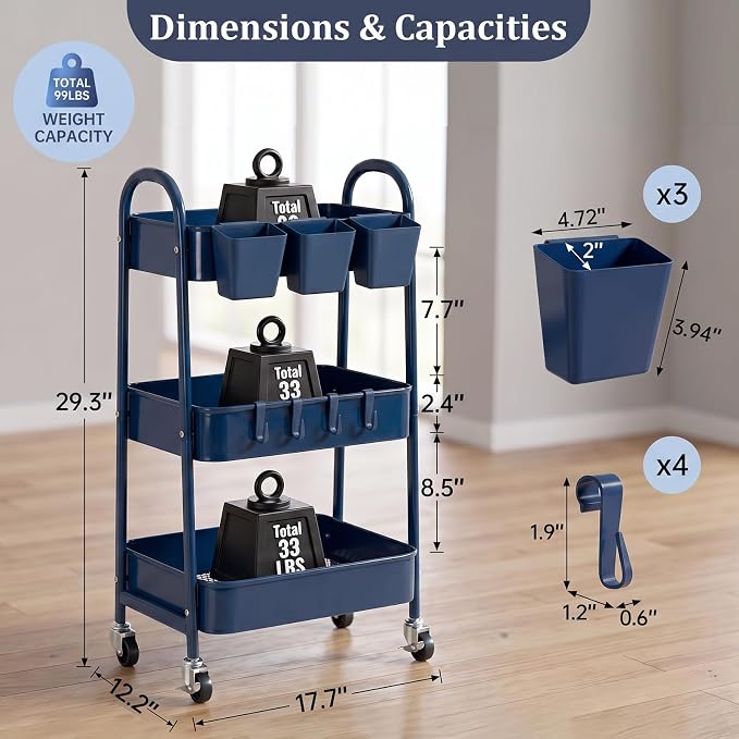 danpinera 3-Tier Rolling Cart, Utility Cart Mobile Metal Rolling Storage Cart with Lockable Wheels & Hanging Cups & Hooks for Kitchen, Bathroom, Office, Workshop, Dark Blue - Image 2