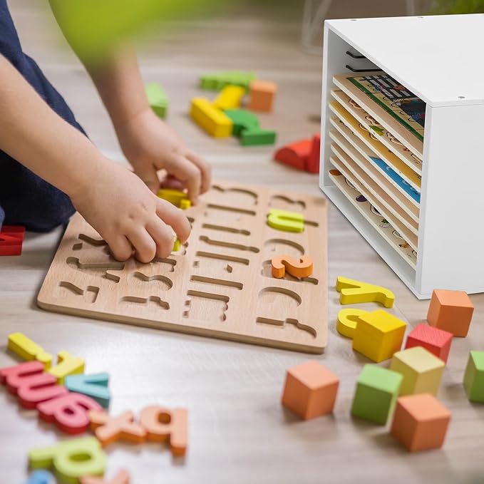 Puzzle Holder Rack, Set of 2, 12-Tier Wooden Jigsaw Puzzle Organizer Rack with Metal Interior, Stackable Storage Case Box Holder Space Saving Desktop Shelf, 24 Total Slots - Image 6