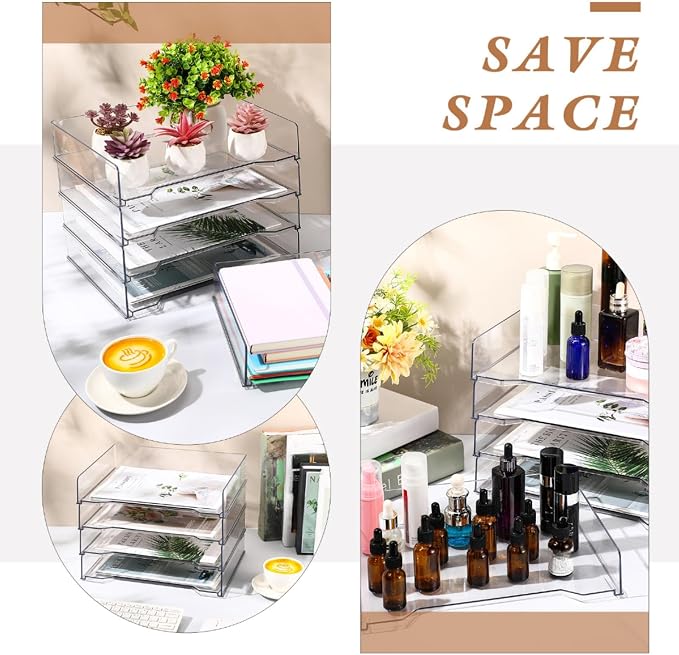 DoubleFill 12 Pcs Stackable Letter Tray Plastic Paper Tray, Clear | 13 x 9.5 x 2.6 In, Rectangular, Paper Holder, File Tray for Desktop Office Desk Drawers - Image 4