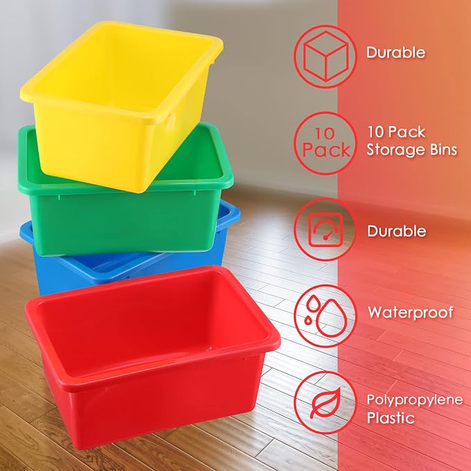 10 Pack Small Storage Bins with Clear Lids Multipurpose Colorful Plastic Cubby Containers Stackable Storage Toy Bins for Classroom, Nursery, Home, 11.4 x 7.5 x 4.9 Inches, 10 Colors - Image 4