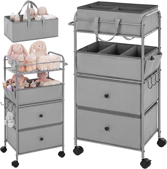 FoldTier 3In1 Baby Diaper Caddy Organizer Cart 4 Tier Large Capacity Metal Utility Bedside Rolling Cart with Divider Newborn Registry Nursery Essential Must Have Bedroom Gift Baby Shower(Gray) by FoldTier