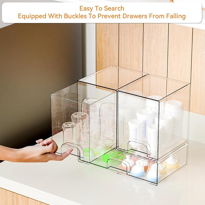 3 Set Clear Baby Bottle Organizer for Countertop,BPA FREE Bottle Station Organizer for Breast Pump Parts,Pacifier and Baby Accessories,Stackable Drawers for Bathroom,Cabinet,Pantry Organization - Image 4