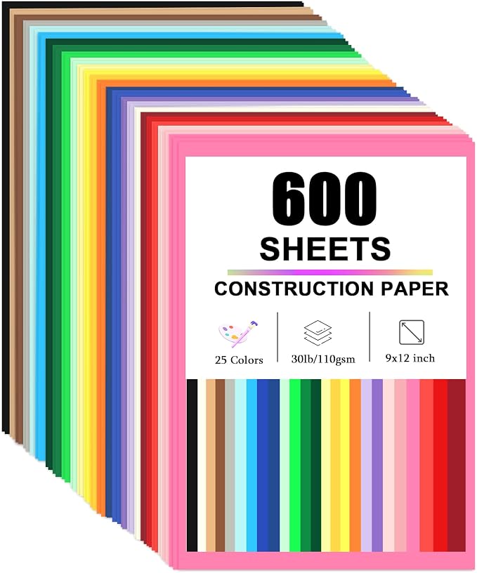 Swanaryo Construction Paper Assorted Colors - (600 Sheets, 9x12), 25 Bright Colors Lightweight(30lb/110gsm) Craft Paper Bulk Pack Arts & Crafts Projects by Swanaryo