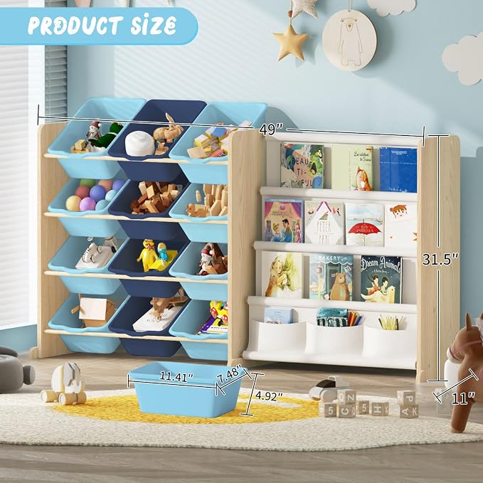 EXPERLAM Kids Toy Storage Organizer - Toy Storage with Bookshelf, Toy Organizer with 12 Blue Bins and 4 Book Shelves, Toy Organizers and Storage for Playroom, Nursery, Kids Room, Burlywood - Image 6