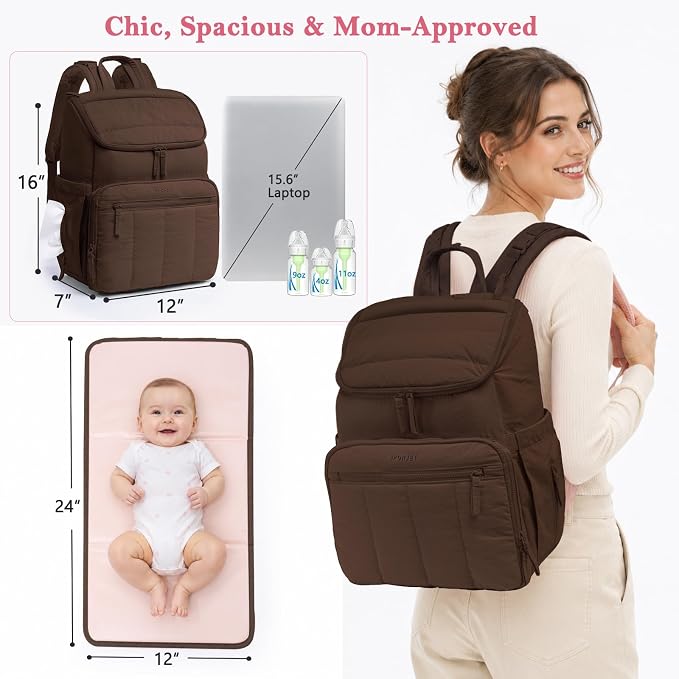 Puffy Diaper Bag Backpack for Mom, Lightweight Quilted Baby Bag with Waterproof Changing Pad, Large Travel Diaper Backpack with Insulated Bottle Pockets, Wipes Pocket, Stroller Straps - Image 2