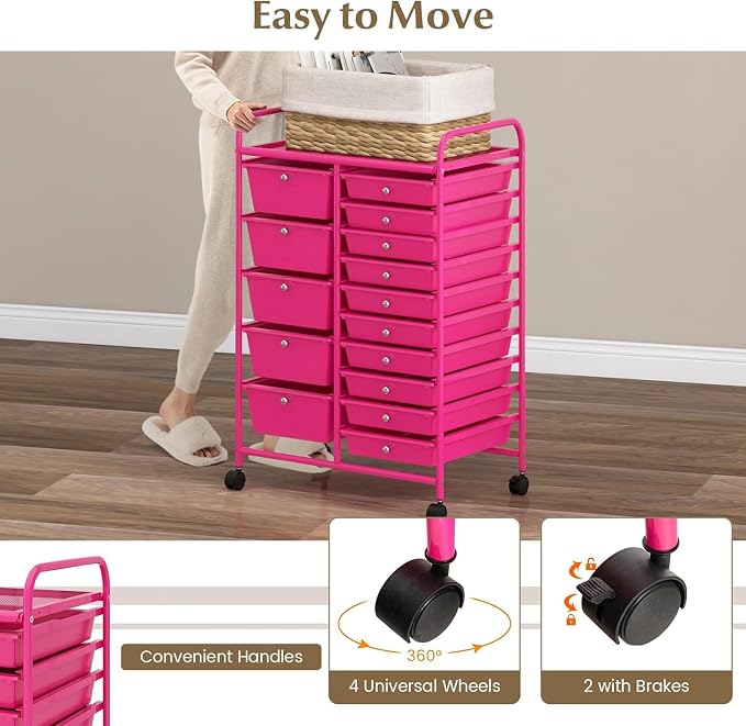 15 Drawer Rolling Storage Cart, Rolling Cart with Drawers for Classroom, Art Supply Craft Organizer on Wheel with Metal Frame & Handles for Home Office School - Image 5