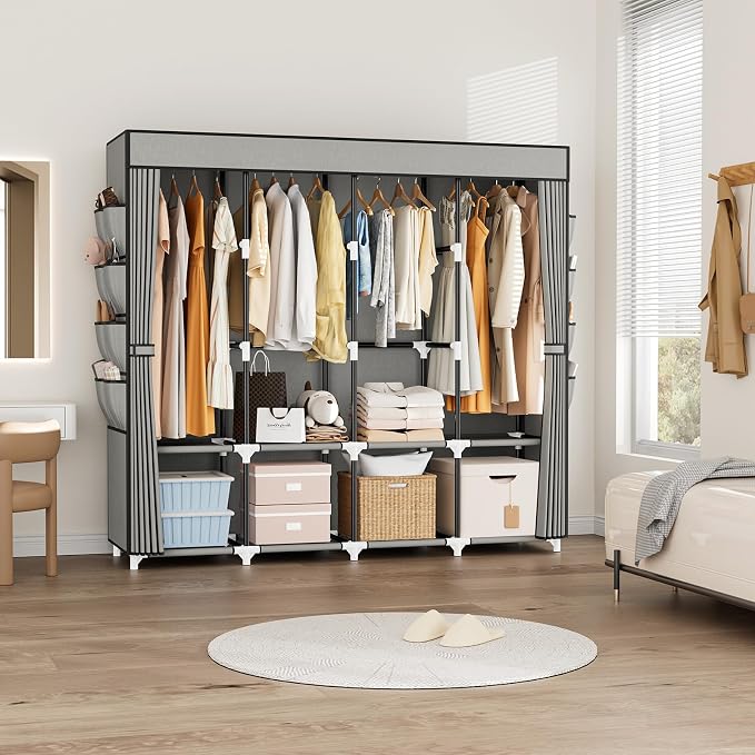 Portable Closet for Hanging Clothes, 67 Inch Wide Portable Wardrobe Closet with Cover, 4 Hanging Rod, Storage Shelves and Side Pockets, Large Free Standing Closet for Bedroom, Grey - Image 7