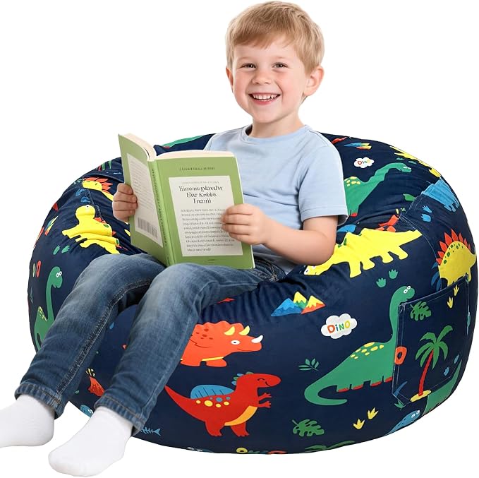 Lukeight Dinosaur Bean Bag Chair for Kids and Teens, Memory Foam Filled Floor Lounger, Washable Velvet Cover with Inner Liner, Beanbag Chair with Filling for Gaming and Reading, Large 27" D x 16" H by Lukeight
