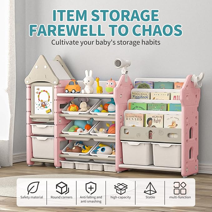 Kids Toy Storage Organizer with Bookshelf, 14-Bin Playroom Organizer and Bookcase, HDPE Toddler Storage Shelf with Drawing Board, for Nursery, Bedroom and Playroom - Image 3