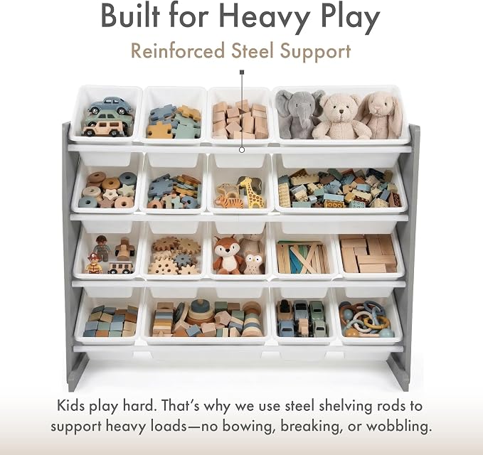 Humble Crew Kids Toy Organizer with 16 Bins, 4 Tier Storage for Playroom | Sturdy wood and steel toddler shelf, removable BPA-free containers, wall anchor anti-tip safety kit for bedroom or classroom - Image 5