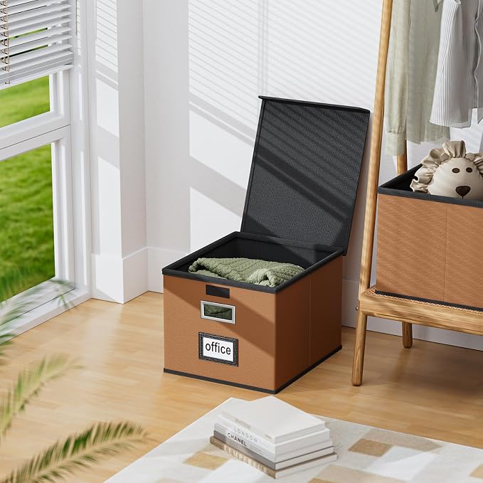 File Organizer Box with Lids, Collapsible File Folder Organizer | File Box with Plastic Slides for Document, Filing Bin for Letter Size Hanging File Folders (1 Pack, Caramel, Leather) - Image 5