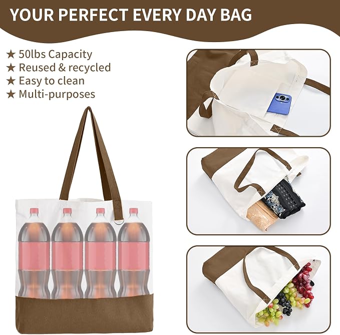 1 Pack Canvas Tote Bag with Zipper, Large Reusable Grocery Tote, Khaki | Blank bag, washable, inner pocket, flat bottom, sturdy handle, for sublimation DIY/transfer, travel/beach/Christmas crafts - Image 4