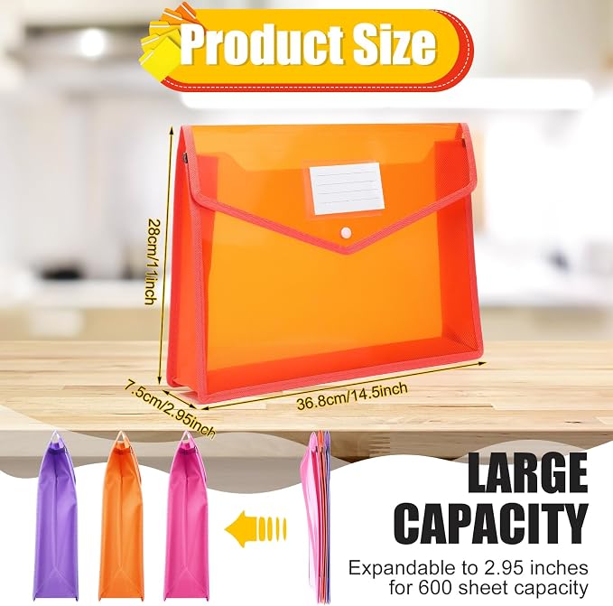 Epakh 3 Pack Plastic Expanding File Folders Expandable File Folder with Snap Closure for Document Transparent Waterproof Document Organizer Holder for School Office Home (Pink Purple Orange) - Image 2
