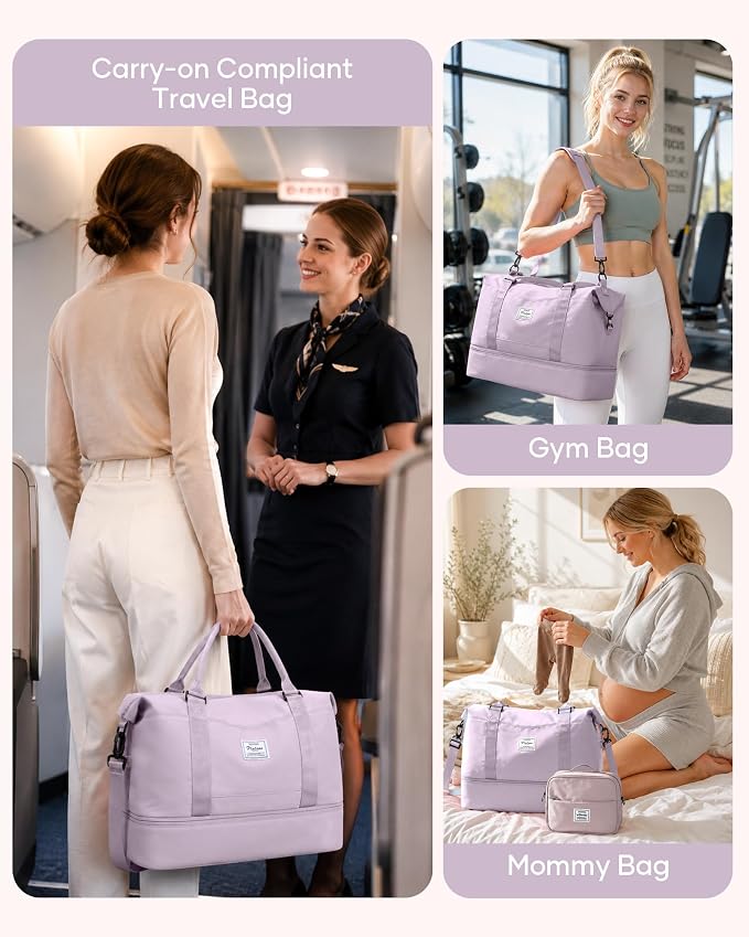 Travel Duffel Weekender Bag Women Tote Carry On Bags With Shoe Compartment | 18x14x8 inches Travel Overnight Bags with Trolley Sleeve for Airplanes Waterproof Sport Tote Gym with Toiletry Bag Purple.. - Image 8