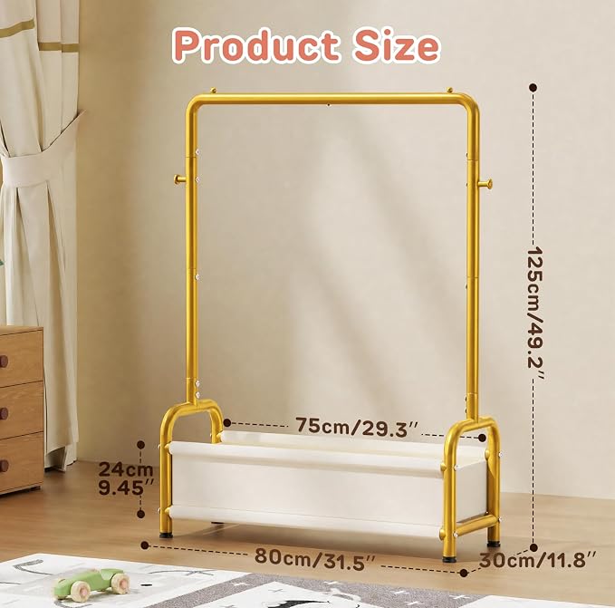 Kids Clothing Rack with Storage Shelf, Kids Dress Up Storage | for Coats, Small Baby Garment Rack for Hanging Clothes, Toddler Wardrobe Closet Organizer (Gold, Classic) - Image 7