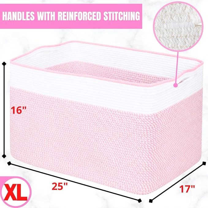 112L Extra Large Blanket Basket Holder Living Room, 25"x17"x16" Rectangle Rope Woven Storage Basket with Handles for Laundry, Towels, Shoes, Dog Toy Organizer Bin Box, Light Pink - Image 3