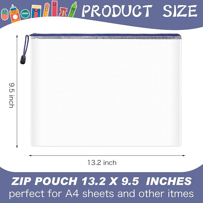 Zhehao 200 Pcs A4 Mesh Zipper Pouch Bulk Waterproof Mesh Zipper Organizer Plastic File Folder Case for School Office Supplies Document Board Games Puzzle (Blue) - Image 2