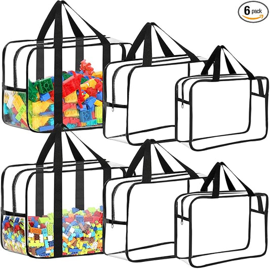 6 Packs Toy Storage Bags with Labels, Reusable Clear PVC Board Game Storage, Travel Waterproof Organizer Bags with Zipper Large Capacity (L, XL, XXL) by OPELETNNT