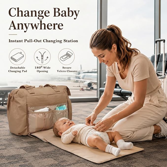 MOMINSIDE Diaper Bag Tote with Changing Station Convertible Diaper Bag Backpack Tote pañaleras para bebe Large Baby Bag, Hospital Bag Mommy Bag Travel Diaper Bag for Mom, 16 Pockets, Light Brown - Image 6