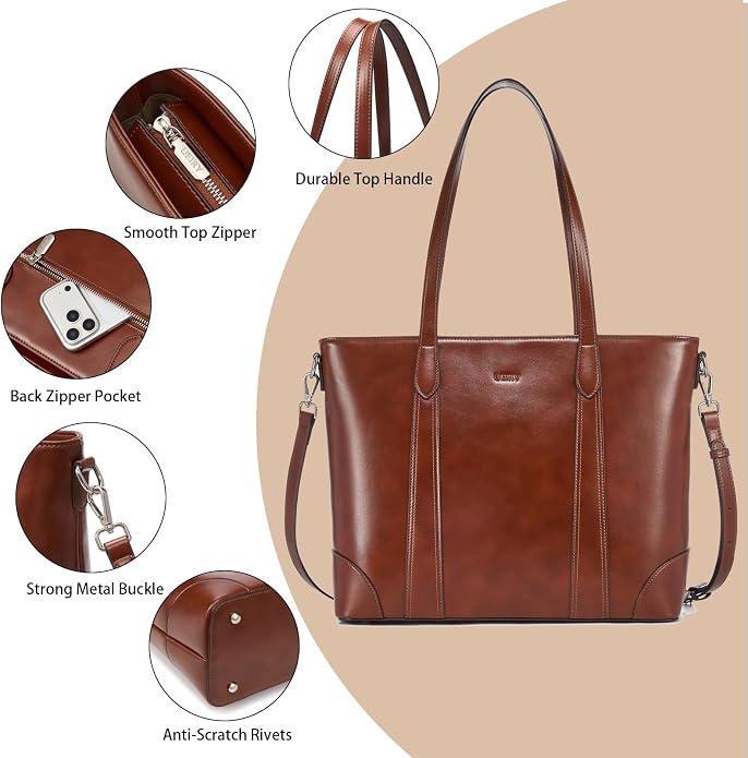 Genuine Leather Tote Bag for Women, Large Tote Purses with Zipper | Large capacity and multiple pockets, Quality leather with adjustable strap, Vintage design for work or travel - Image 5