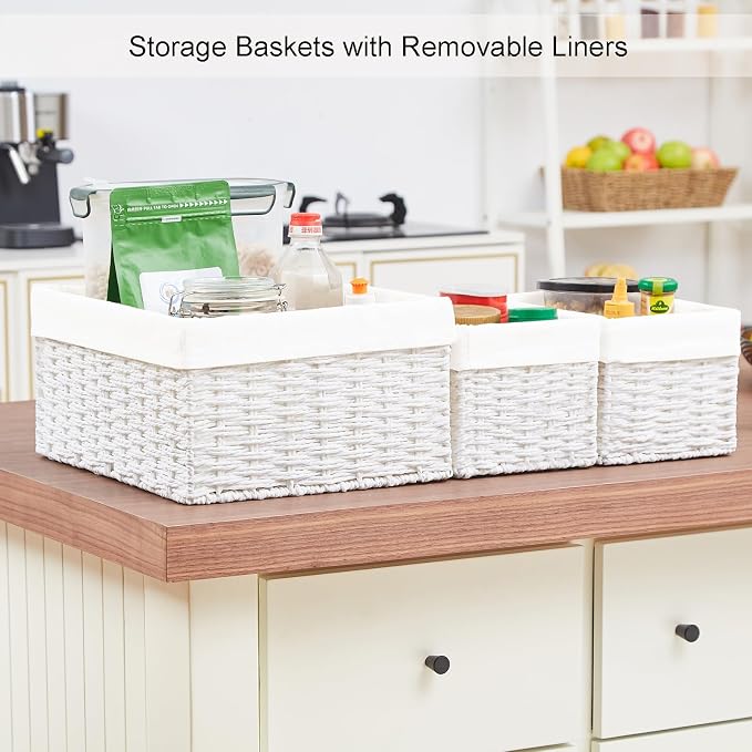 Wicker Basket, Set of 3 Hand-woven Storage Baskets for Organizing, Decorative Rectangle Wicker Storage Basket Bins with Handles, Small Toilet Paper Storage Baskets for Shelves & Decor, White - Image 6
