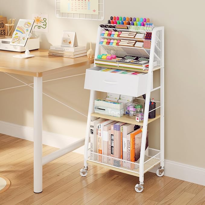 3 Tier Rolling Cart - Metal Utility Cart with Storage Drawer and Wheels, Versatile Art & Craft Organizer for Home, Office, or Studio - Ideal for Storing Brushes, Paints, and Supplies（Maple） - Image 8