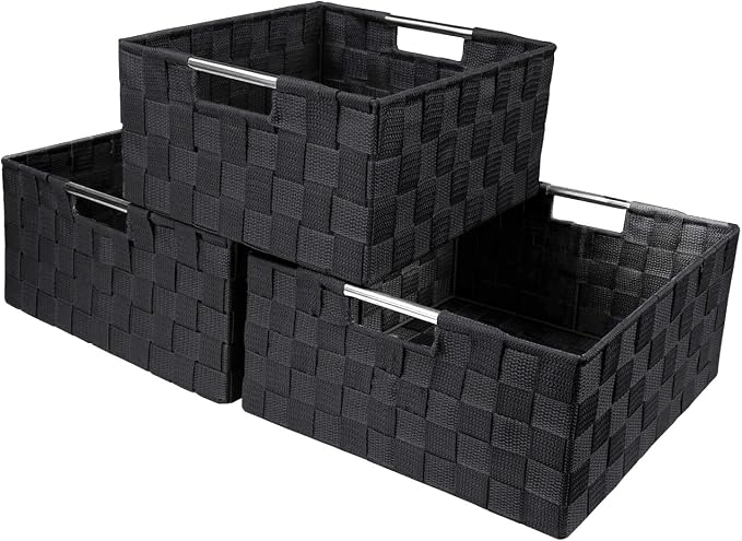 Sorbus Storage Box Woven Basket Bin Container Tote Cube Organizer Set Stackable Storage Basket Woven Strap Shelf Organizer Built-In Carry Handles (Black) by Sorbus