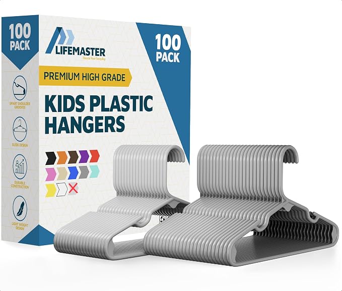 Lifemaster Plastic Kids Clothes Hangers – Children Clothes Hanger with Shoulder Notch, 11.6 Inch Space-Saving Closet Organizer for Baby, Toddler, and Kids Clothing, Hold Up To 5 lbs, Pack of 100, Gray by LIFEMASTER