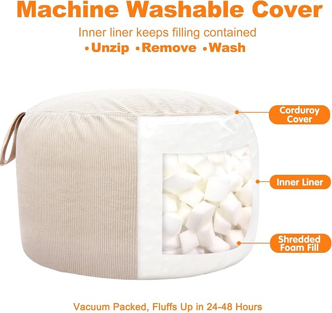 Lukeight Bean Bag Chair for Teens and Adults, Memory Foam Filled Floor Lounger, Washable Velvet Cover with Inner Liner, Beanbag Chair with Filling for Gaming and Reading, Beige, XXX-Large 42"D x 23"H - Image 3
