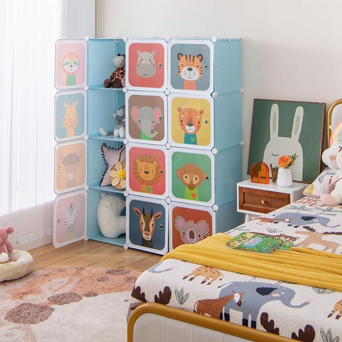 HONEY JOY Kids Wardrobe Closet, Baby Cartoon Clothes Storage Organizer, 12 Cubes & 2 Hanging Sections, Portable Children DIY Modular Bedroom Armoire Dresser Cabinet for Boys Girls (Blue) - Image 2