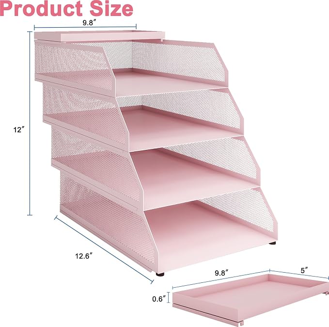 Natwind 4-Tier Stackable Metal Mesh Desk Paper Tray Organizer,Pink | Desktop Accessories for Office Supplies, Letter Tray For Paper Storage ,File Document Holder For Home School Classroom - Image 2
