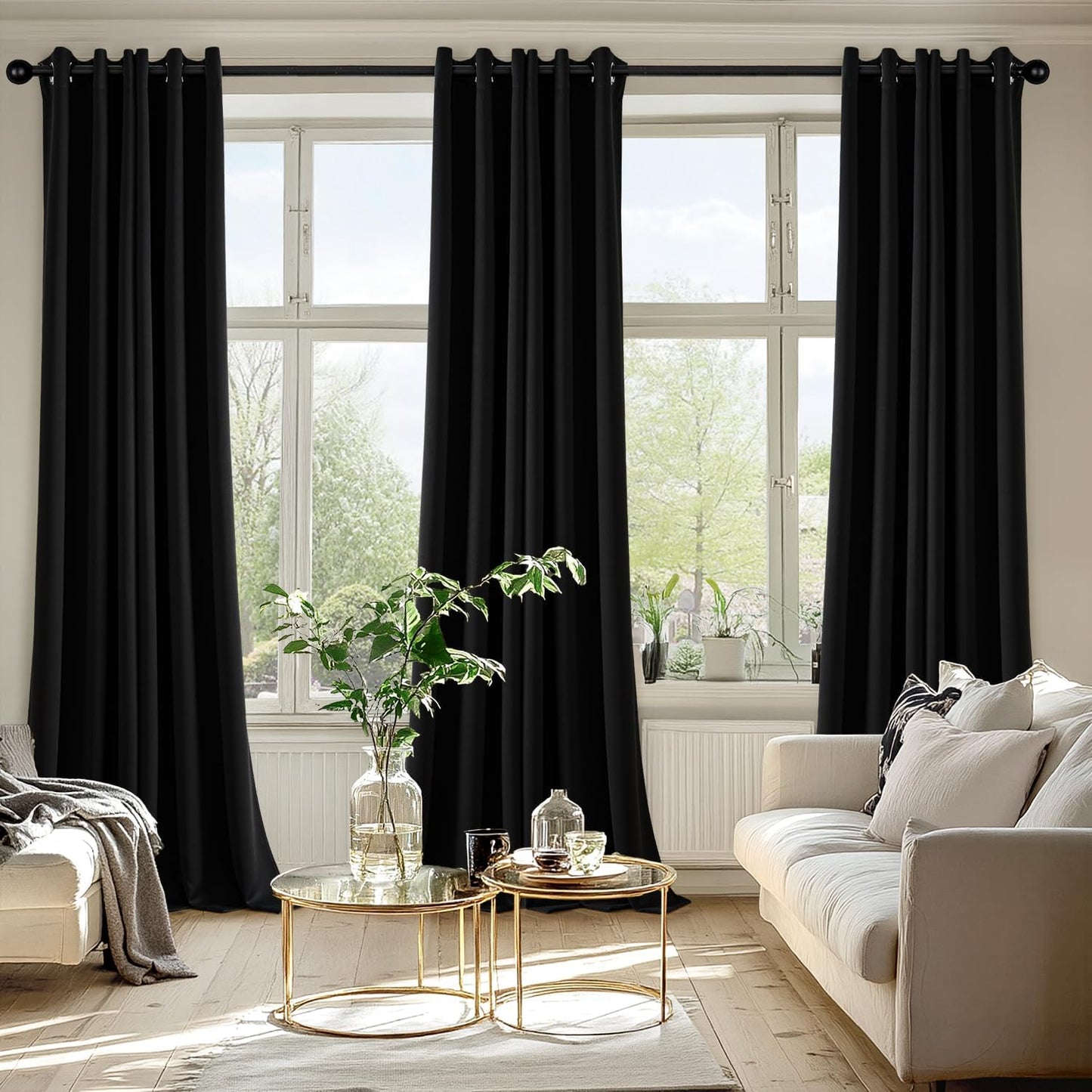 MIULEE Black Blackout Curtains for Bedroom Living Room 90 Inches Long 2 Panels, Thermal Insulated Room Darkening Drapes Solid Grommet Top Noise Reduction Light Blocking Halloween Window Treatments