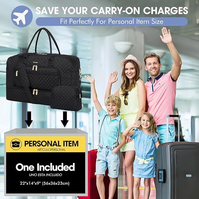 Large Travel Duffle Bags for Women: Weekender Bag with Shoe Compartment | Carry On Bag with Wet Toiletry Pocket & Wet Pocket for Overnight, Weekend, Hospital, Yoga, Business Trips, Sport, Gym, Black - Image 7