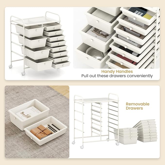 RELAX4LIFE 12-Drawer Rolling Storage Cart - Mobile Utility Drawer Carts | White Metal Frame & Drawers, Rolling Mobility Wheels; Craft Storage For Classroom School Home Office Utility Organization - Image 4