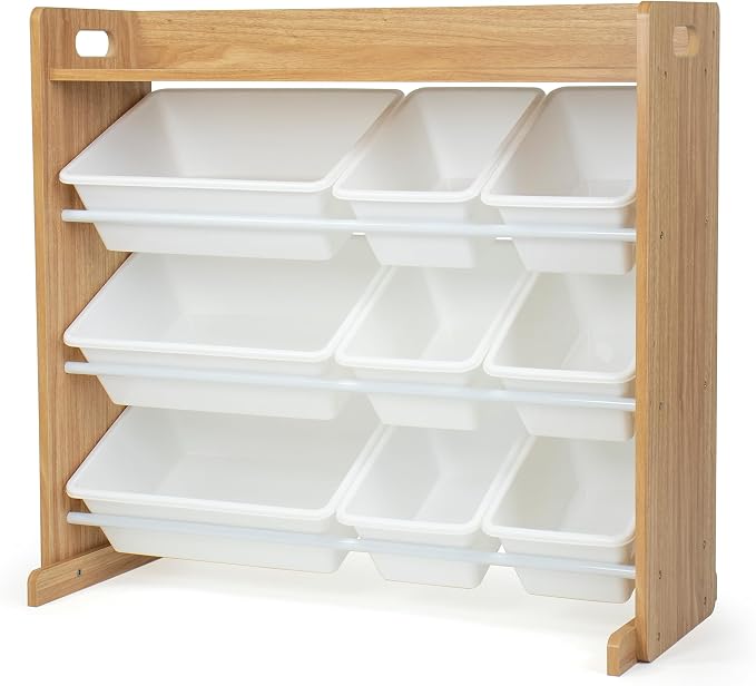 Humble Crew Kids Toy Organizer with Display Shelf, 9 Bins, 3 Tier Storage | Sturdy wood and steel toddler shelf, removable BPA-free containers, wall anchor anti-tip safety kit for bedroom or classroom by HumbleCrew
