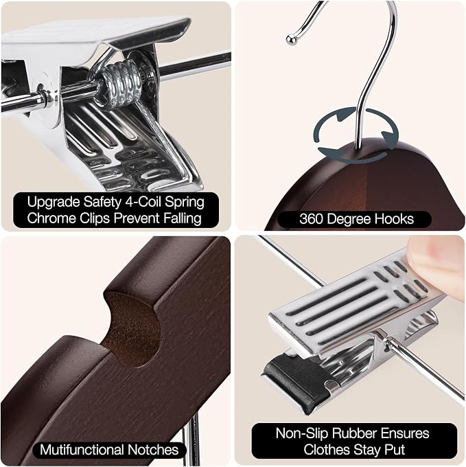Wooden Hangers with Clips 24 PCS Pant Hangers with Clips,Smooth Solid Wooden Pants Hangers,360 Swivel Hooks & Adjustable Clips,for Jeans,Skirt,Suit,Shorts,Scarf.（Walnut） - Image 2
