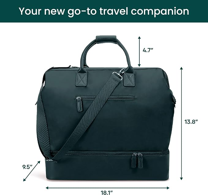 Nobl Travel Weekender Bag for Women & Men, Carry-On Duffel, Forest Green | Large Leather Overnight Tote with Trolley Sleeve, Separate Shoe Compartment & Laptop Pocket for Airplane, Gym & Road Trips - Image 4
