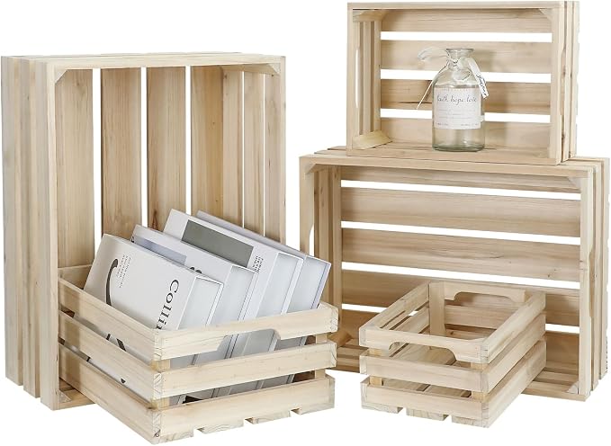 5-Piece Rustic Wooden Crates Unfinished Set, Wall Mountable Slatted Storage Crates with Handles, Farmhouse Wooden Crates for Display & Organizer for Home Decor - Image 7