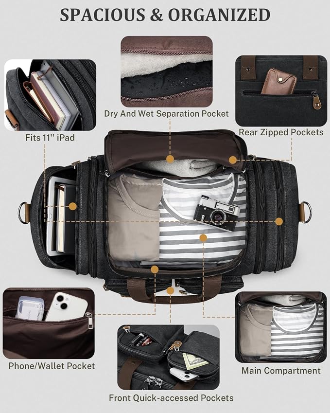 Gonex Duffle Bag for Travel, Expandable 60L Overnight Weekender Gym Bag | Water-Resistant Canvas, Wet-Dry Pocket, Luggage Sleeve, Carry-On Size, Detachable Strap, Dark Grey - Image 4