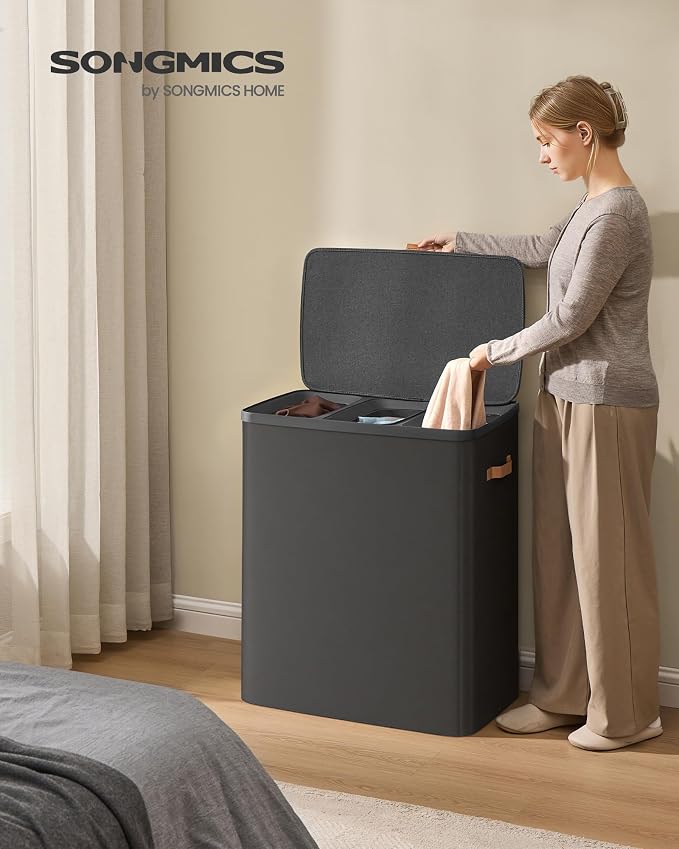 SONGMICS Laundry Basket, 50.2 Gal. Laundry Hamper, 3 Compartments, Easy Assembly, with Lid and Handles, Removable Liners, 25.2 x 15.7 x 29.5 Inches, Ink Black ULCB814BH01 - Image 2
