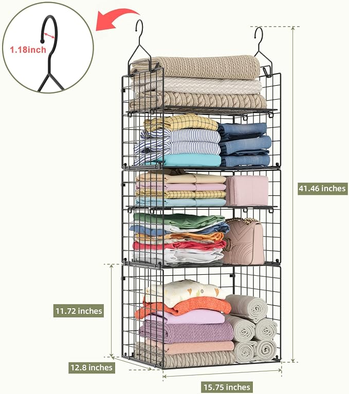 X-cosrack Closet Hanging Organizer Shelves - 5 Tier Wardrobe Organizers and Storage Bin, Hanging Organizer Shelves, Clothes Shelf with Adjustable Dividers for Bedroom Closet Sweater Shoes Handbag - Image 3