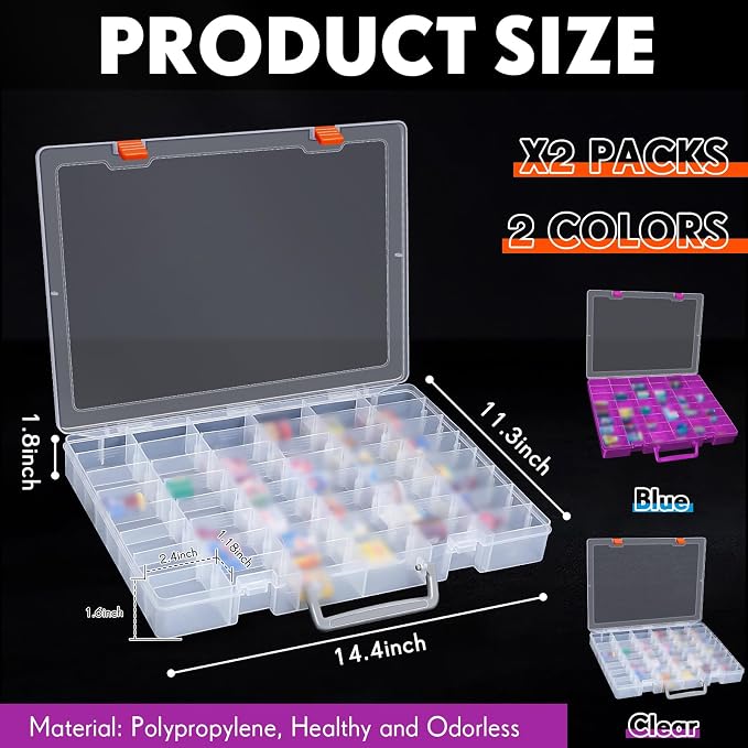 2 Pcs 48 Grids Plastic Bead Organizer Box with Divider, Clear,Purple - Image 2